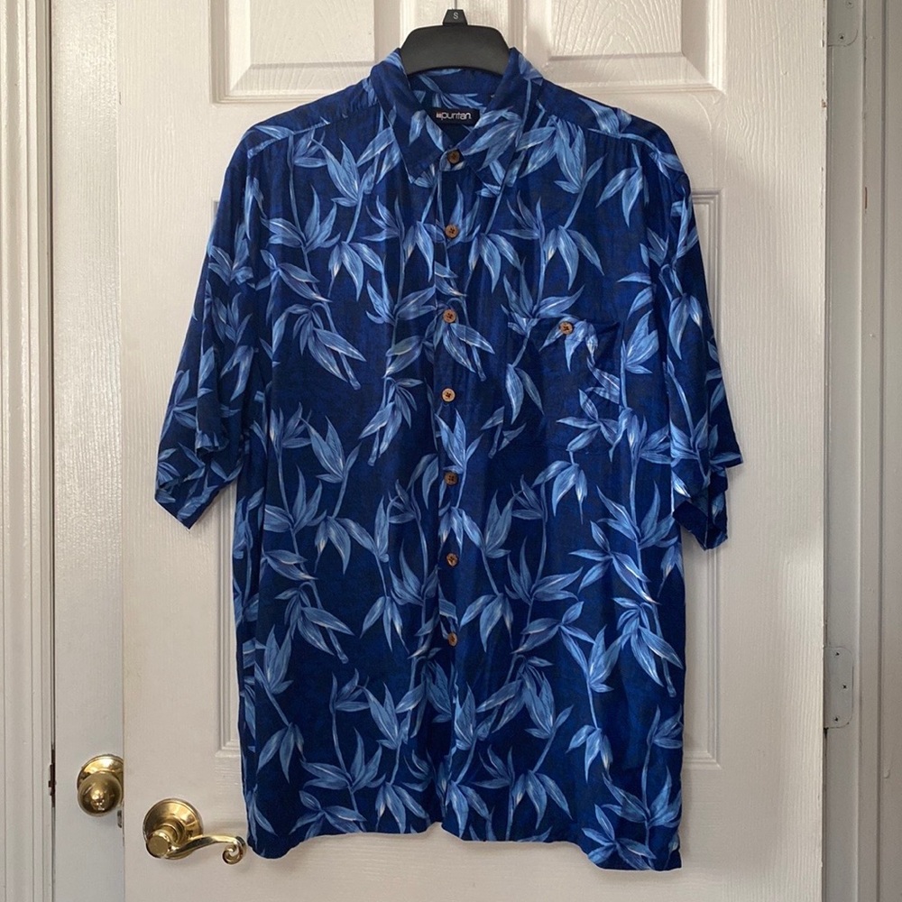 VTG 90’s Mens Hawaiian Navy Blue Leaf Print Short Sleeve Shirt